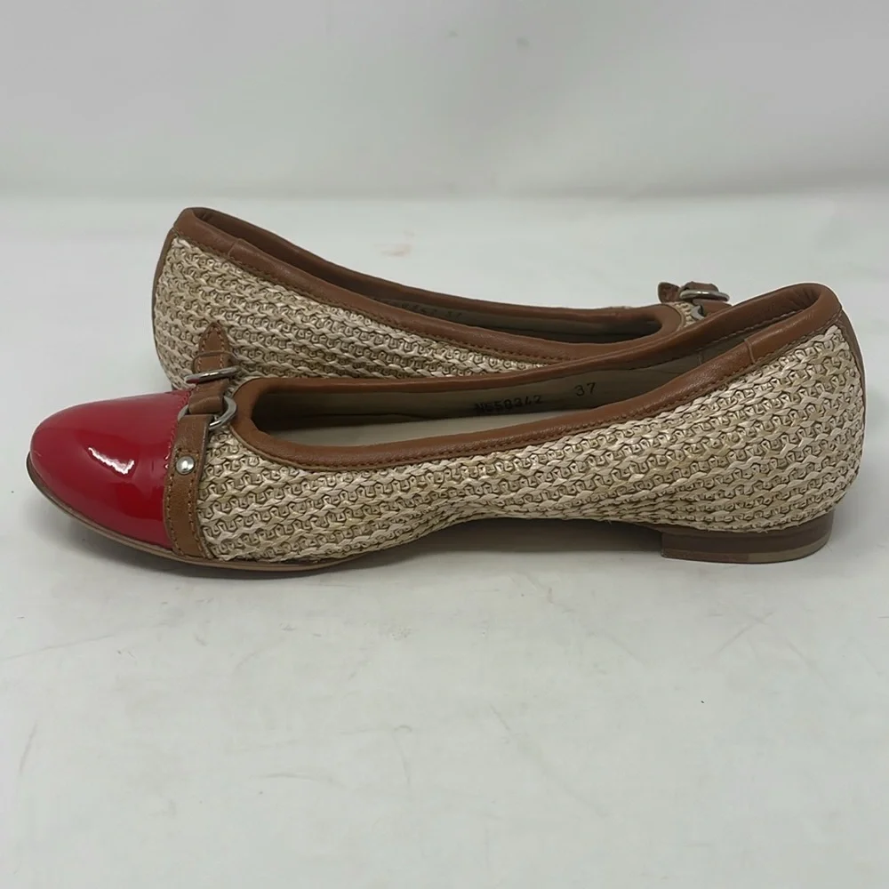 AGL Attilio Giusti Leombruni Red Patent Tan Straw Woven Ballet Flats Size 37